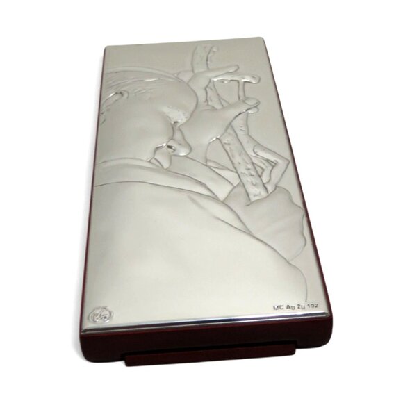 POPE Silver Metal Praying Plaque with Wooden Stand Italy Vintage 6.5in Tall - Picture 3 of 12